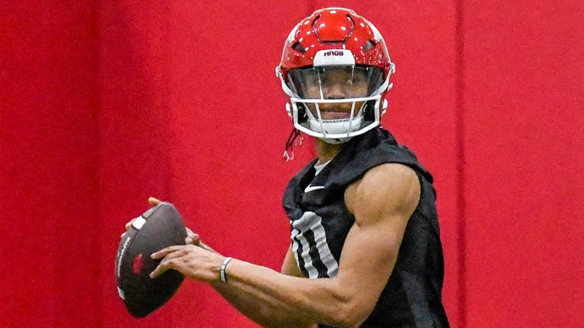 Razorbacks quarterback Taylen Green at practice Friday